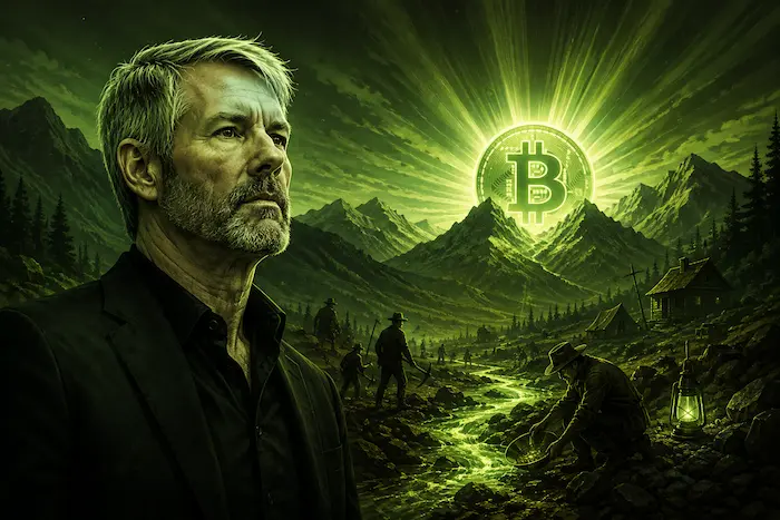 Michael Saylor with Bitcoin symbol and gold rush landscape.