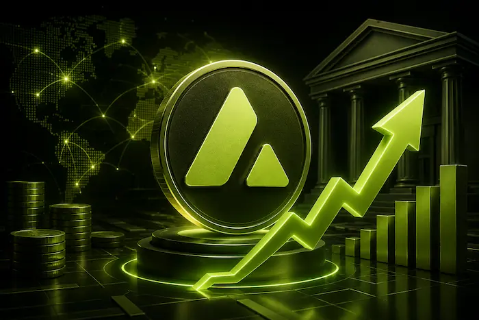 AVAX price surge with Avalanche coin, rising chart, institutional investment and global financial network in green and black tones.