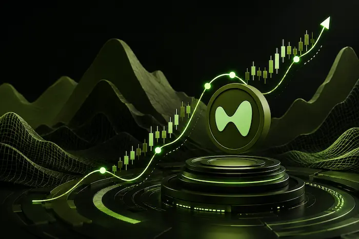 Hyperliquid logo with glowing green trading charts and rising price line illustrating trailing stops in perpetual trading.