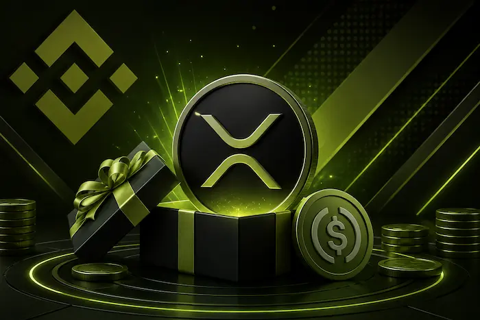 Binance XRP rewards campaign with a glowing XRP coin emerging from a gift box alongside stablecoin and crypto coins in a green and black futuristic setting.