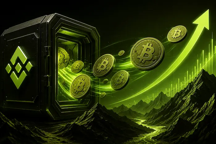 Binance Bitcoin outflows surge above 13,800 BTC, shown with Bitcoin leaving a crypto vault in a green and black digital market scene.