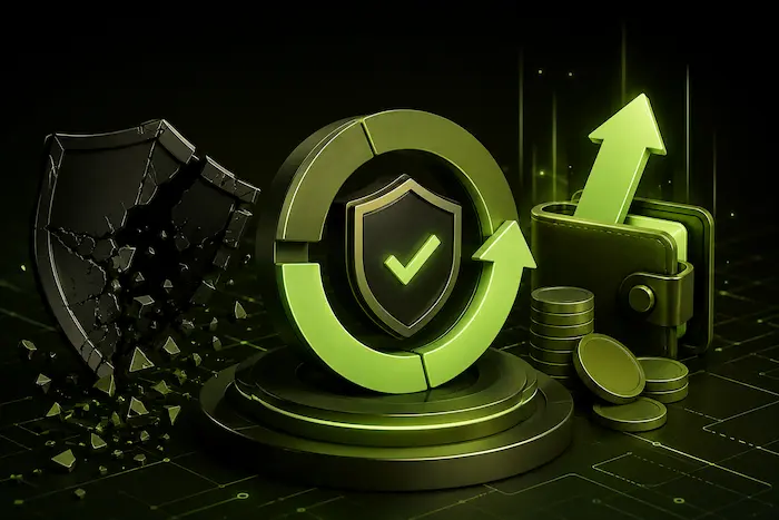 Bitget withdrawal restart after $387M hack, shown with a broken security shield, recovery symbol, crypto wallet, and green upward arrow.