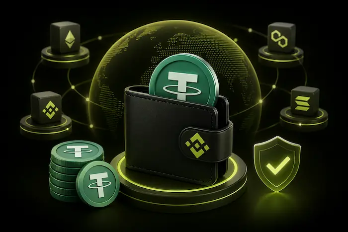 Binance Wallet enables USDT gas fee payments across major blockchain networks, featuring a crypto wallet, USDT coins, and connected blockchain icons.