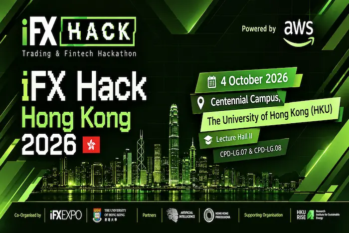 iFX Hack Hong Kong 2026 event banner featuring a green and black cyber-tech design, Hong Kong skyline, AWS branding, and event details for October 4, 2026 at The University of Hong Kong.