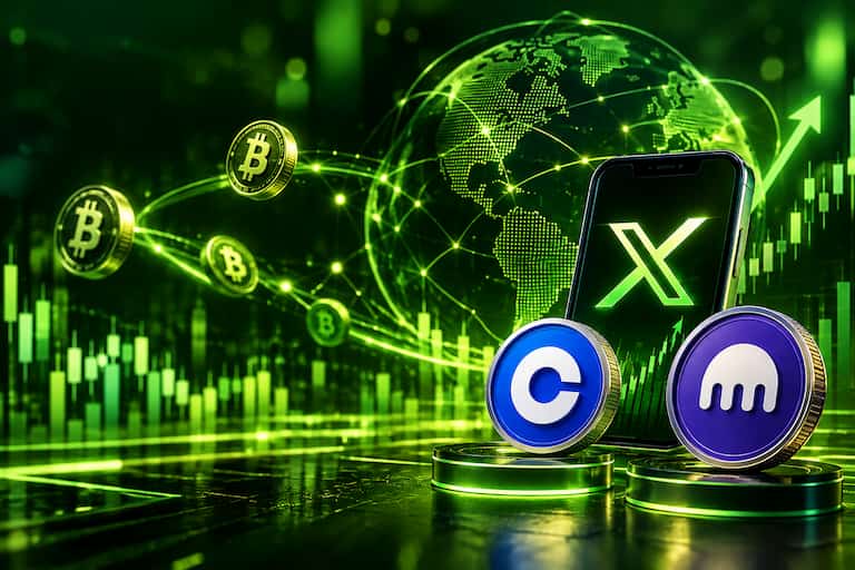 X opens Cashtag trading access through Coinbase and Kraken, shown with cryptocurrency exchange logos, a smartphone, Bitcoin market graphics, and a global digital trading background.