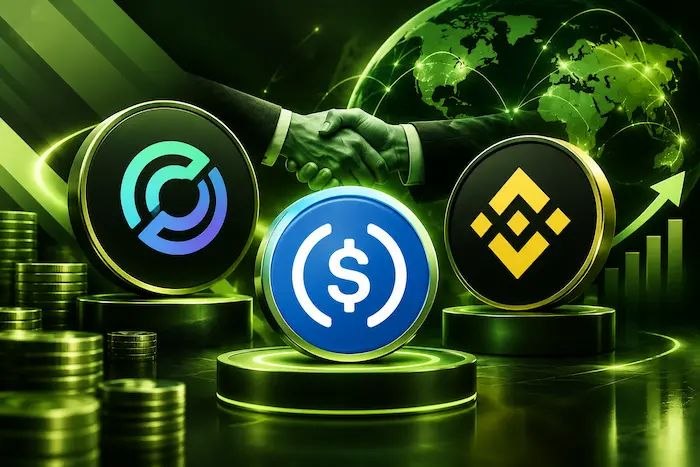 Circle, Binance, and USDC symbols with a global crypto network and green financial growth theme.